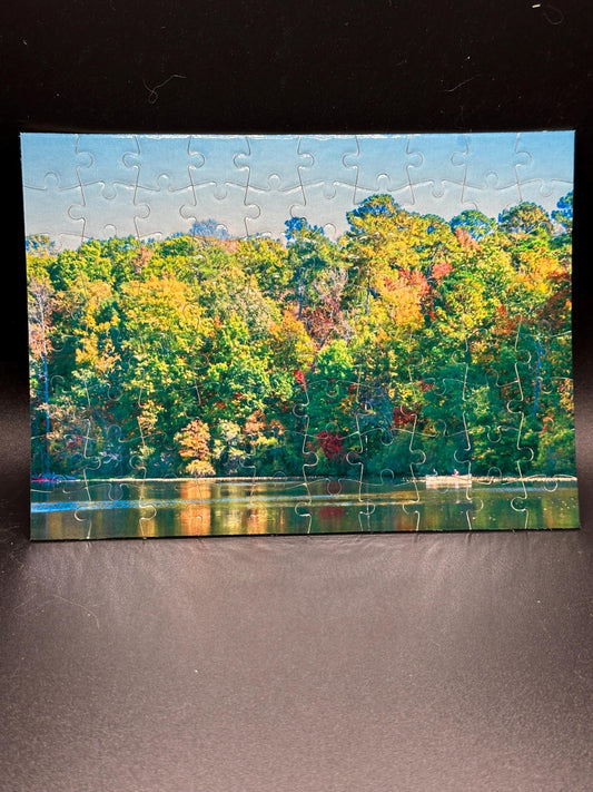 Lake Fishing in Autumn Art Puzzle - Raleigh NC Landscape Photography, Fall Colors, Nature Decor for Home & Cabin